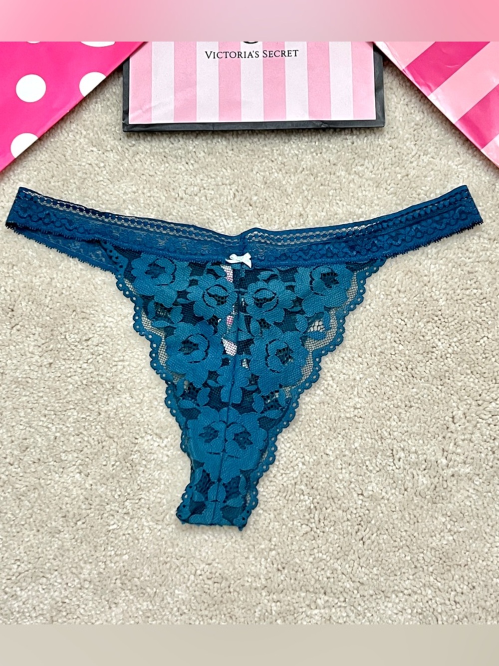 Y2K Victoria's Secret PINK Teal Lace XLR Mini Cheekster Thong Panties Large L